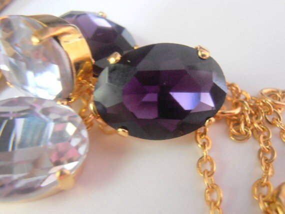 Purple Gold Oval Crystal Necklace, Chain Collet, Statement Bib 14K Gold plated, Estate Jewelry