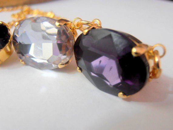 Purple Gold Oval Crystal Necklace, Chain Collet, Statement Bib 14K Gold plated, Estate Jewelry