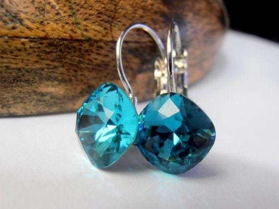 Square Dangle Earrings | Teal Crystal Dangle Earring Set