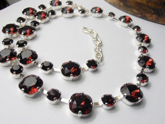 Burgundy Cushion Crystal Tennis Necklace in Silver