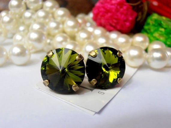 Olivine Green Rivoli Stud Earrings, Pierced Post, Antique Bronze Jewelry, Green Crystal 1122 12mm, Girlfriend Birthday Gift /
