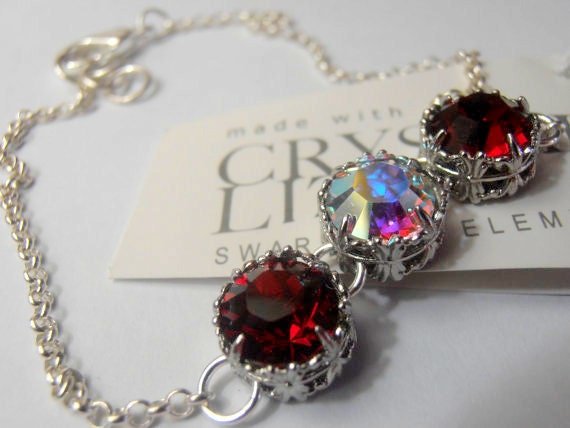 Ruby and Aurora Borealis Chain Bracelet Stainless Steel