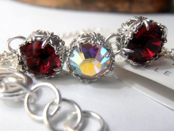 Ruby and Aurora Borealis Chain Bracelet Stainless Steel