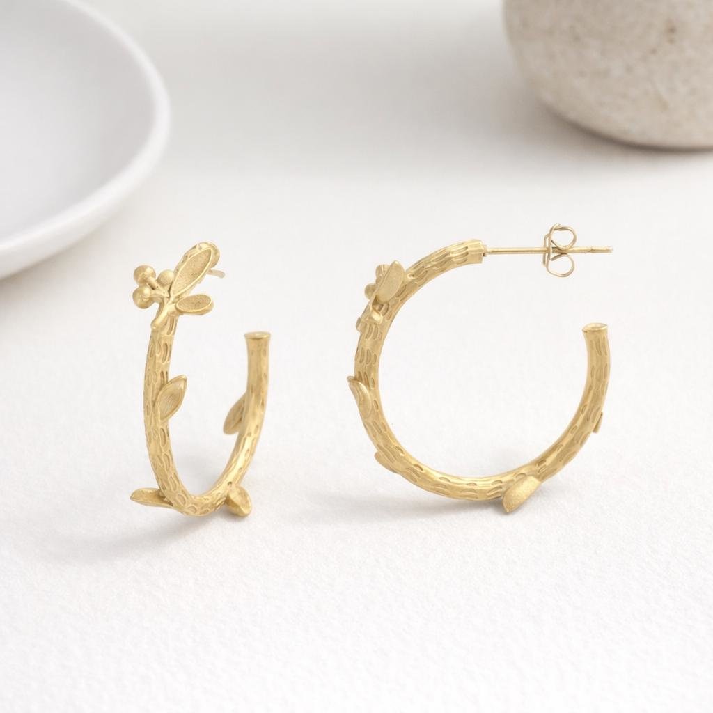 Leaf Hoop Earrings in Gold Stainless Steel Jewelry (35mm)