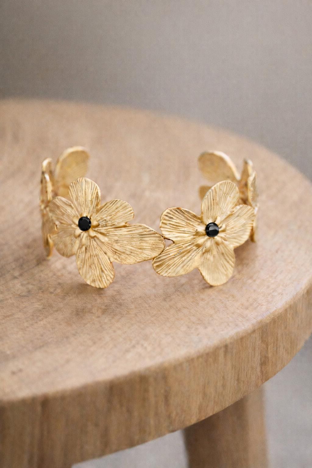 Bold Floral Cuff Bracelet in Gold Plated | Waterproof Botanical Jewelry