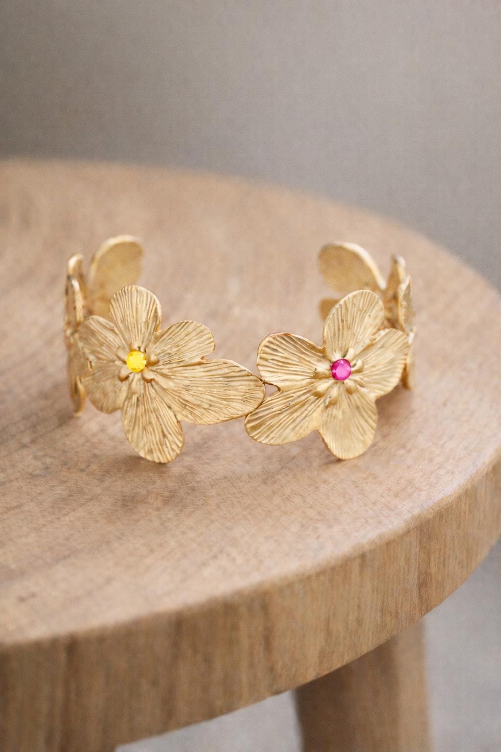 Bold Floral Cuff Bracelet in Gold Plated | Waterproof Botanical Jewelry