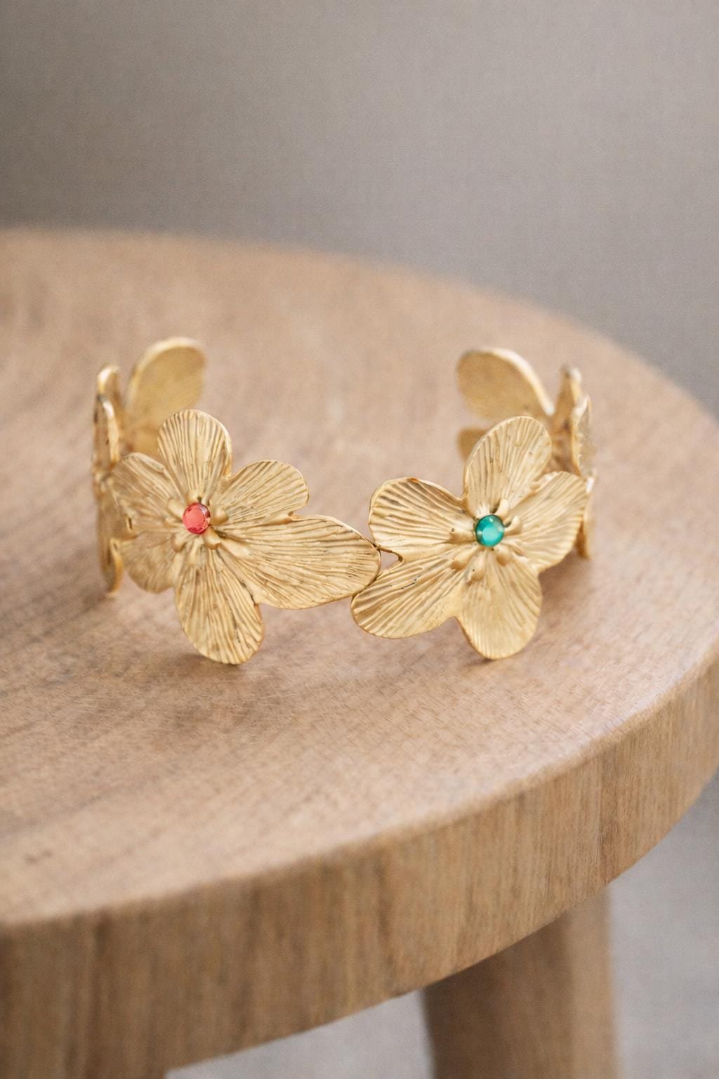 Bold Floral Cuff Bracelet in Gold Plated | Waterproof Botanical Jewelry