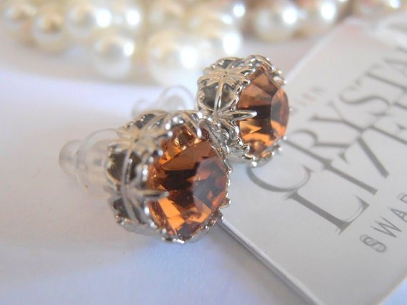 Light Smoked Topaz Crystal Studs / Art Deco Jewelry / Brown Rhinestones / Round Platinum setting / Gift for her
