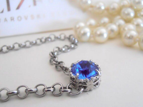 Blue Sapphire Minimalist Crystal Pendant, Solitaire Chain Filigree Necklace, Women jewelry, Wife Anniversary Gift