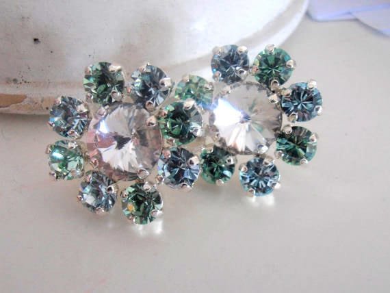 Pale Green Crystal.Stud Earrings | Statement Flower Earrings