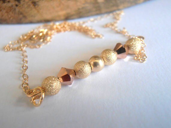 Gold Filled Bar Pendant Necklace / Dainty Crystal Pendant / Rose Gold Bicones/Glitter Beaded Necklace 14/20K / Valentine's Gift