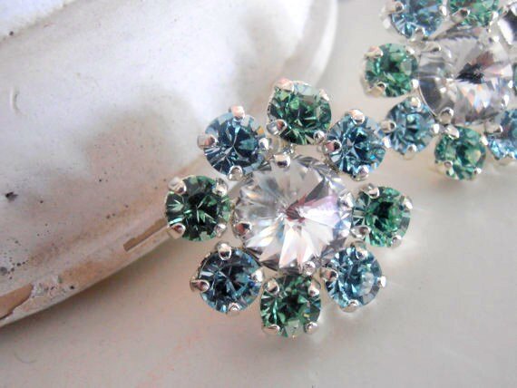 Pale Green Crystal.Stud Earrings | Statement Flower Earrings