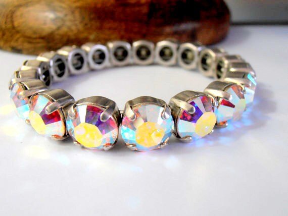 Aurora Borealis Stretch Crystal Bracelet, Wedding Stretch Cuff, Silver Sew on Bracelet for Women in Antique Silver, Mom Birthday Gifts
