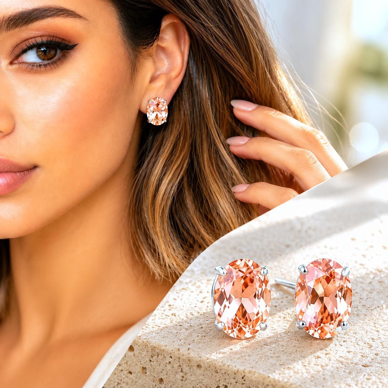 Padparadscha Peach Earrings | Oval Crystal Studs Gold Jewelry