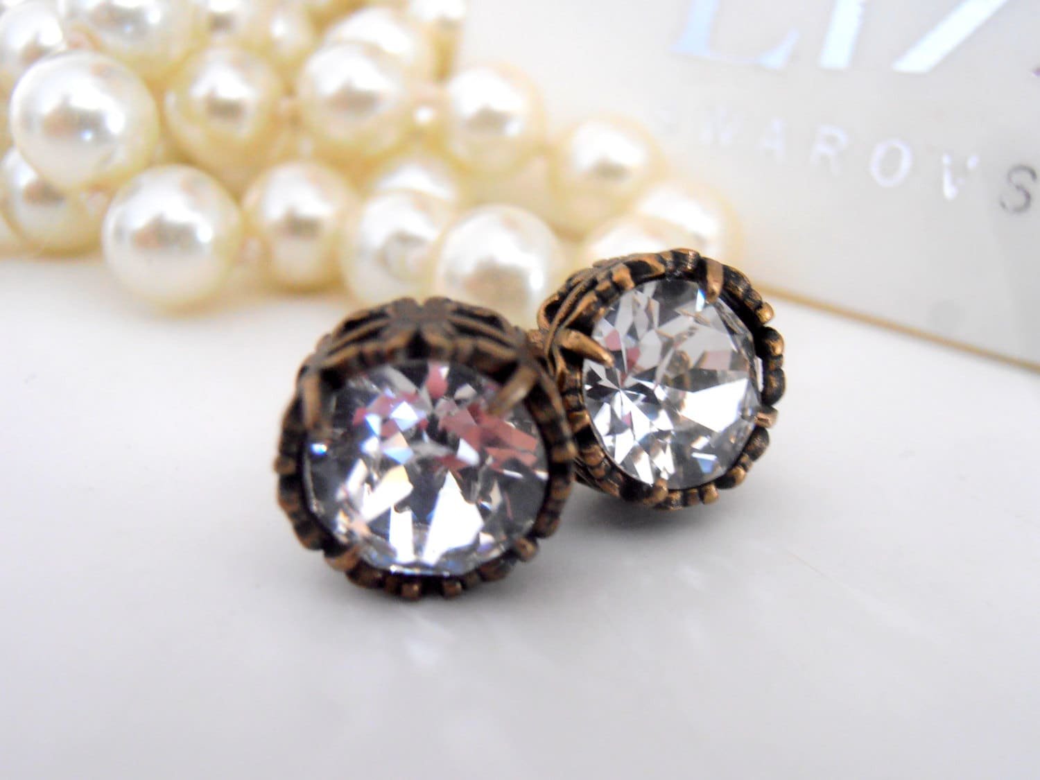 Art Deco Studs with Clear Crystals / Bridal Jewelry / Antique Bronze Filigree Pierced Post / Vintage Accessories