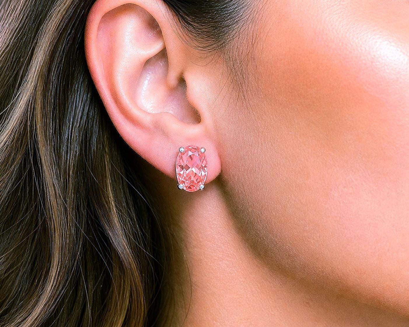 Padparadscha Peach Earrings | Oval Crystal Studs Gold Jewelry