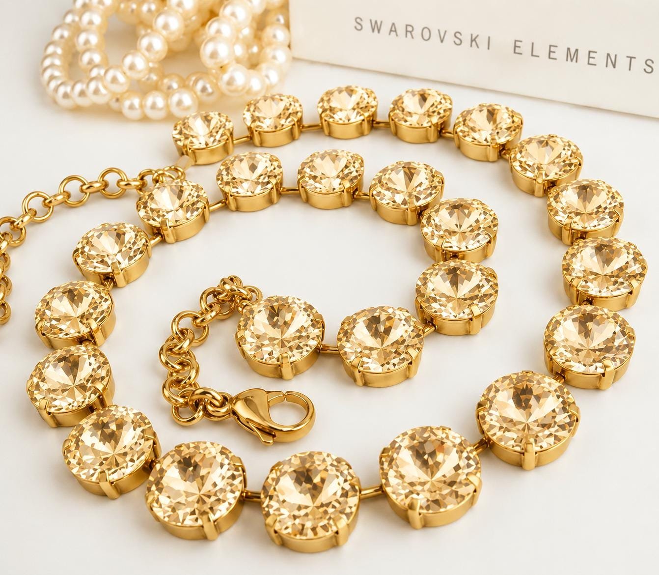 Gold tone double strand rhinestone necklace with sparkling Golden Shadow crystals close up