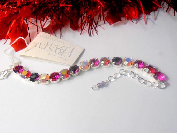 Colorful Tennis Crystal Bracelet 8mm, Girls Multi-Color Party Jewelry, Silver Cup chain, Girlfriend Birthday Gift, 1088 Chatons