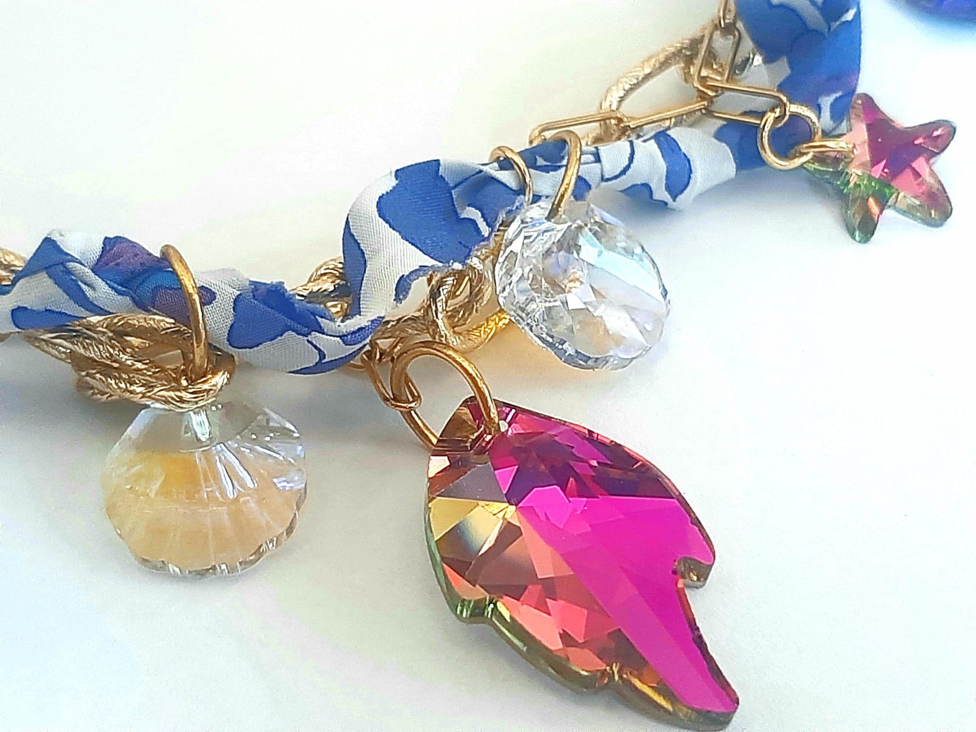 Multi Charms Fabric Necklace with Swarovski Crystals
