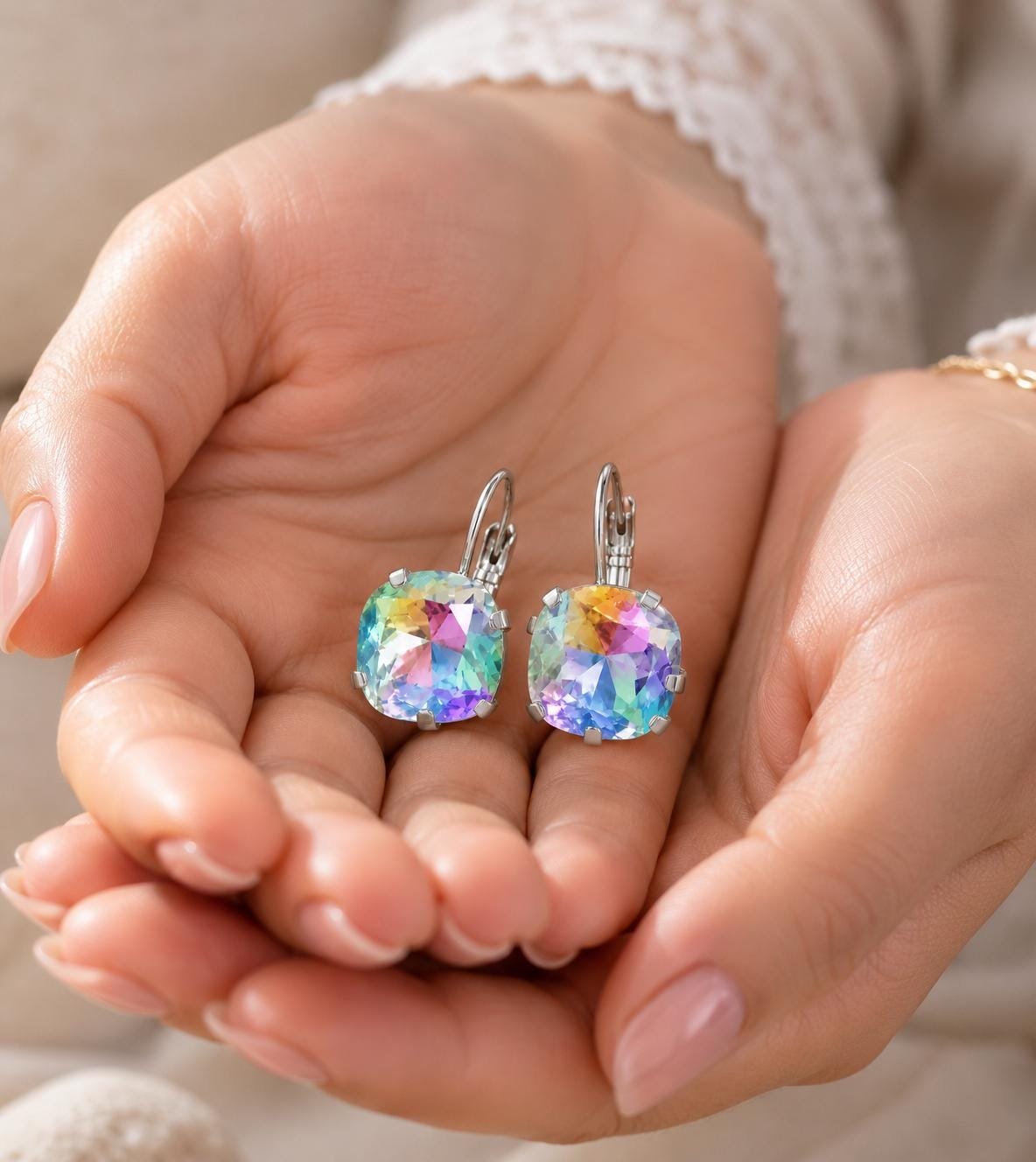 Colorful Swarovski crystal leverback earrings with sparkling 12mm cushion cut stones.