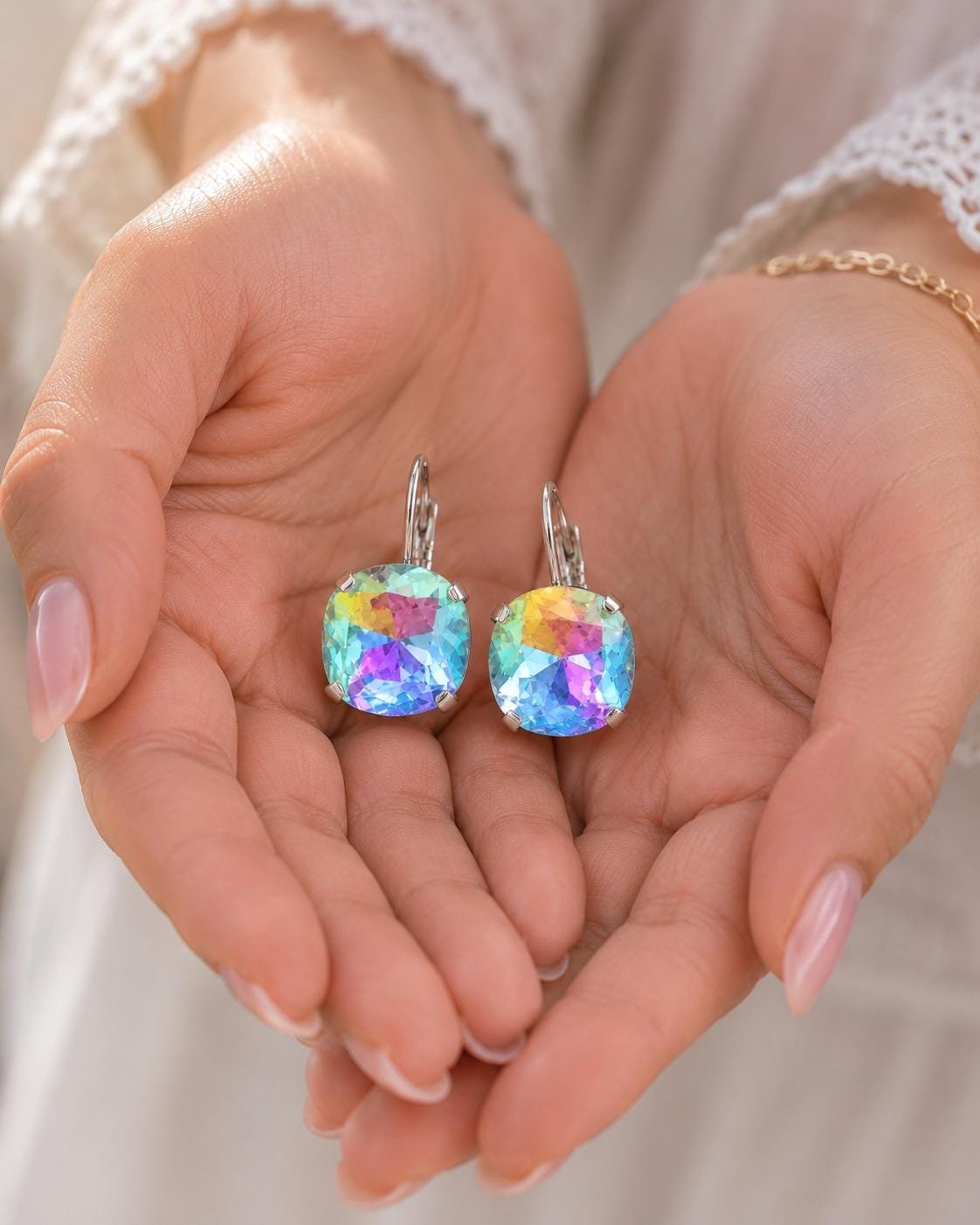 Bright rainbow cushion crystal earrings handmade with silver plated leverback findings.