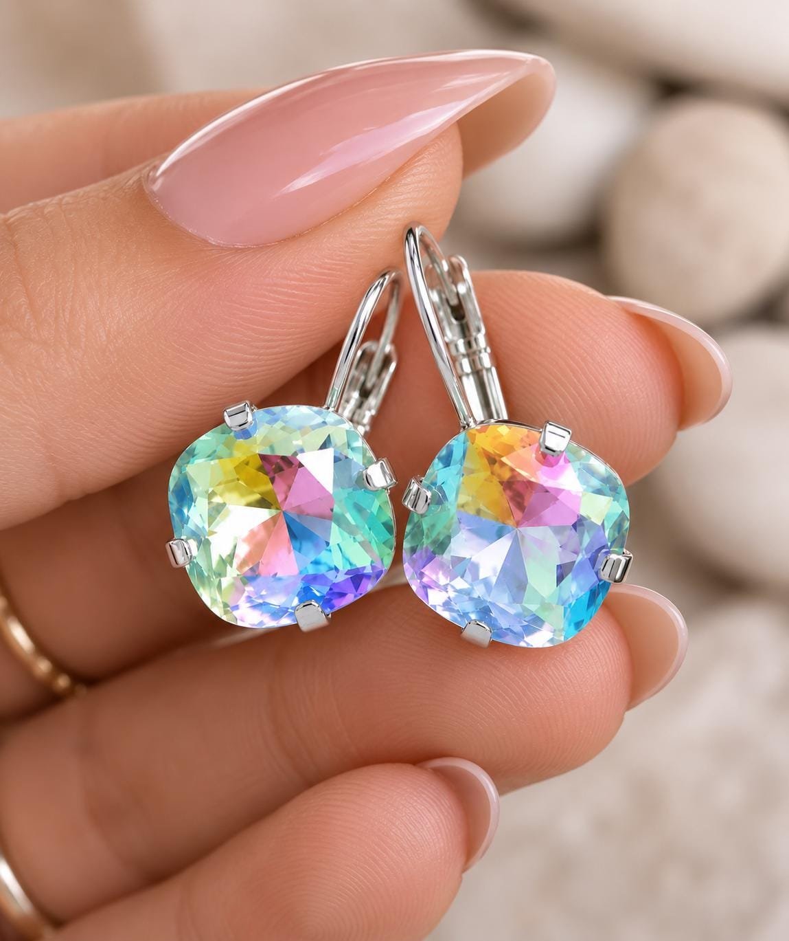 Elegant silver dangle earrings with multicolor 12mm Swarovski crystals.