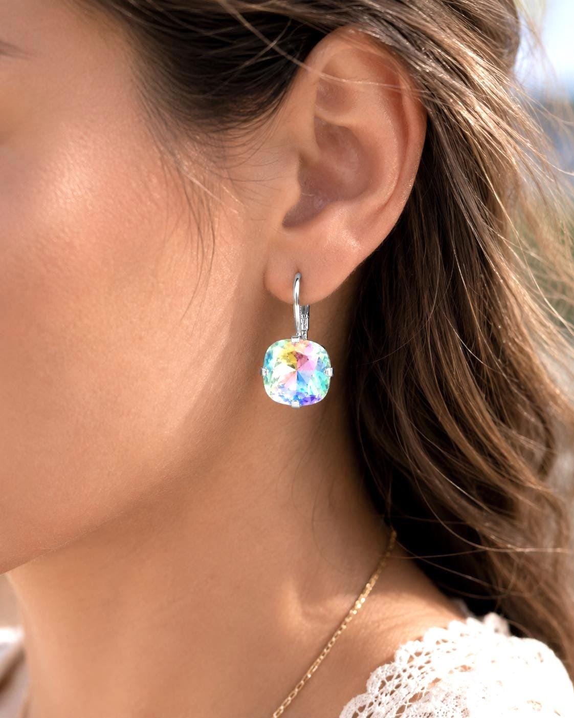 Rainbow cushion cut crystal earrings in silver plated settings for everyday or bridal wear.