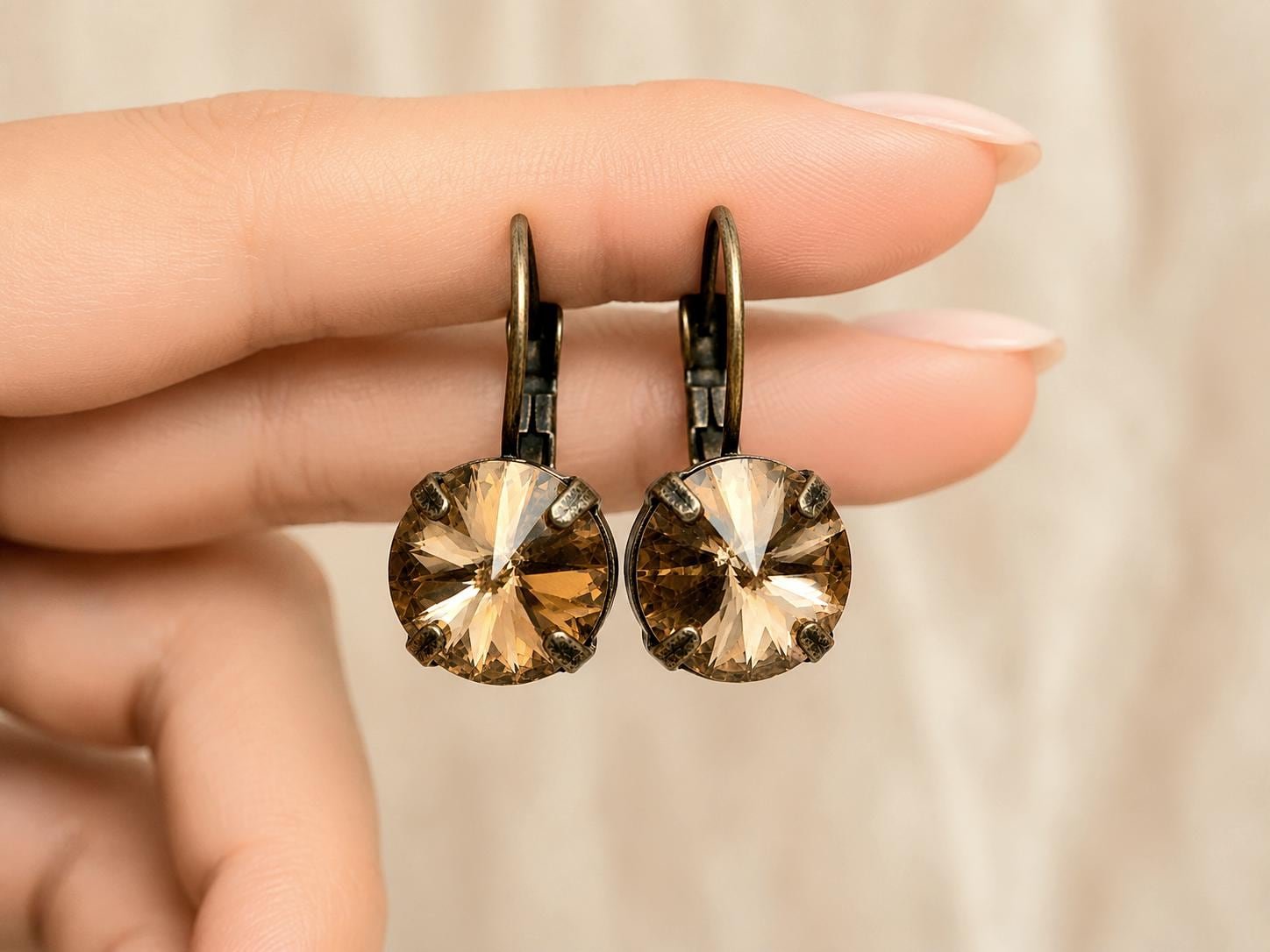 Vintage inspired copper crystal earrings, handmade in antique bronze metal.