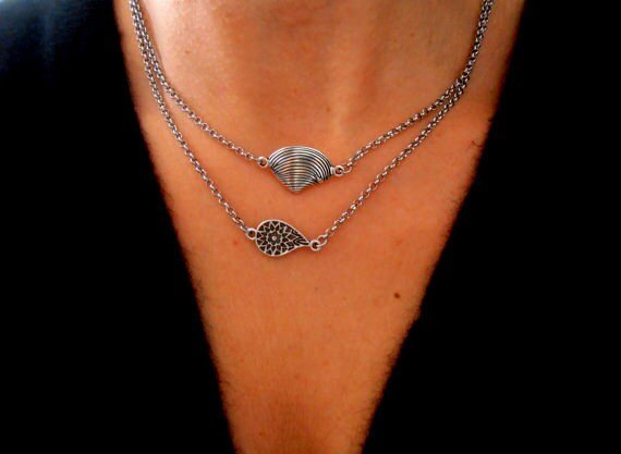 Layered Charm Chain Necklace, Dainty Pendant, Delicate Pendant, Sea shell, Stainless Steel Necklace, Gift for her