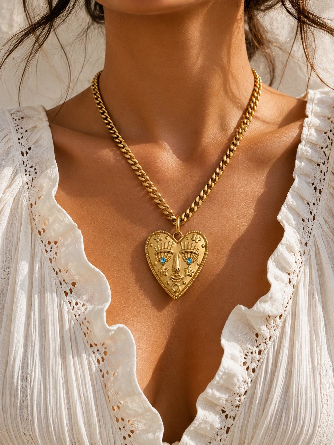 Gold Heart Pendant Necklace with Blue Swarovski Crystals | Stainless Steel Jewelry  