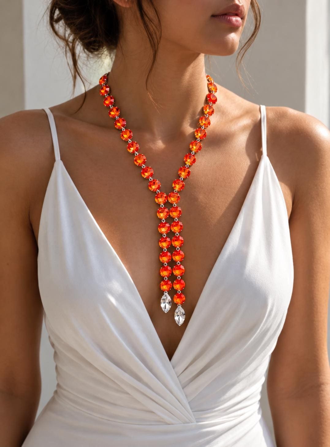 Handmade orange crystal lariat necklace with clear teardrop ends, Swarovski Crystals