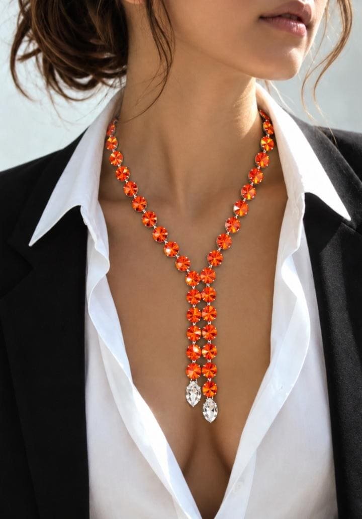  orange Rivoli lariat necklace with clear pear-shaped crystal drops