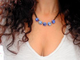 Sapphire Blue Crystal Chain Necklace, Rivoli Collet, Antique Bronze Jewelry, Mother's Day Gift, Blue Tennis Cup chain  Choker