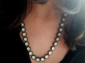 Powder Green Filigree Long Bronze Necklace, Antique Opal Jewelry, Anniversary Gift