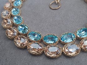 Aquamarine Crystal Collet Necklace in Gold Riviere Anna Wintour Jewelry Filigree Golden Shadow Oval Choker Cabochon Wife Anniversary Gift