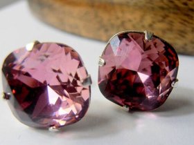 Antique Pink Cushion Cut Earrings / Pierced Studs /  12mm  Silver Post Setting / Shabby Chic / Fashion Trend