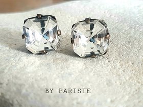 Asscher Cut Clear Crystal Stud Earrings in Bronze