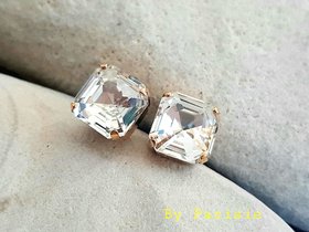 Square Crystal Stud Earrings | Gold Asscher Cut Wedding Day Earrings