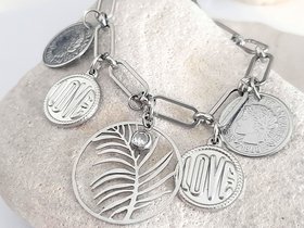 Stainless Steel Charms Bracelet | Multi Charm Bracelet with Silver Coins