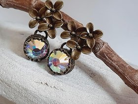 Aurora Borealis Flower Dangle Earrings in Antique Bronze 
