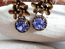 Flower Tanzanite Dangle Earrings Antique Bronze Jewelry Austrian Crystal Earrings Nature-Inspired, Vintage Style Floral Gift for Daughter