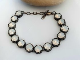 Antique Bronze Bracelet with White Opal Crystals Art Deco Rhinestone Bracelets for Women Unique Filigree Jewelry for Birthday Gift for Mum