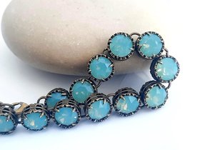 Antique Bronze Bracelet with Pacific Opal Crystals Art Deco Rhinestone Blue Bracelets, Women Unique Filigree Jewelry, Birthday Gift for Mum
