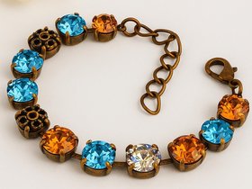 Antique Bronze Crystal Bracelet Vintage Style Cup Chain Bracelets with Austrian Rhinestones Blue & Honey Topaz Jewelry Gift for Sister