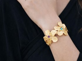 Bold Floral Cuff Bracelet in Gold Plated | Waterproof Botanical Jewelry