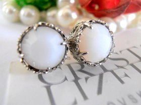 White Alabaster Stud Earrings | Platinum Art Deco Post Earrings for Girls