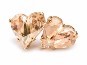 Gold plated heart crystal stud earrings made with Swarovski Crystals in champagne color, 13mm faceted heart stones with sparkling shine