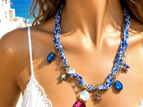 Boho charm necklace, blue fabric cord necklace, swarovski charms necklace, bohemian weeding jewelry