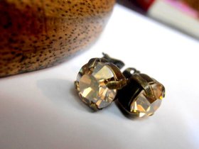 Golden Shadow Bronze Stud Earrings with Faceted Crystal Chatons Post Pierced Earrings 8mm Antique Dainty Jewelry Gifts